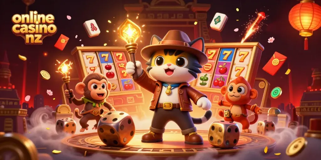 Engage with the vibrant scene of an online casino nz with a 3D cat explorer and dynamic gaming elements.
