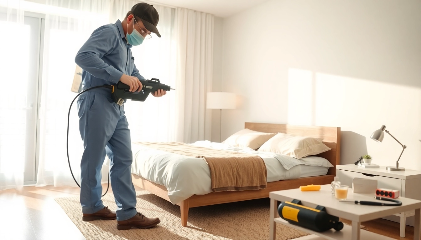 Expert technician performing bed bug removal using heat treatment in a clean bedroom.