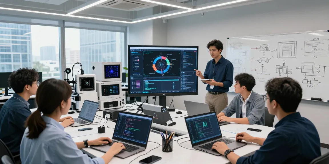 Engineers collaborating on AI detection algorithms in a modern lab