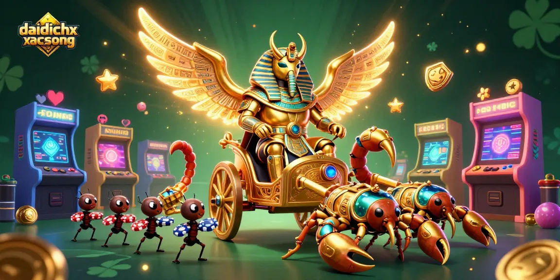Experience thrilling action in daidichxacsong with a golden beetle chariot, scorpions, and poker chips.