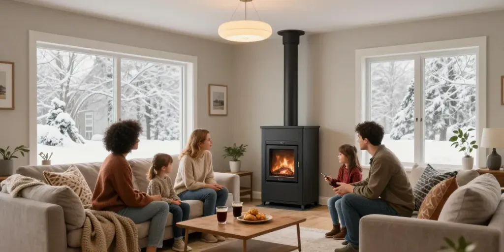 Furnace Install Calgary showcasing a family enjoying warmth around a modern heating system during winter.