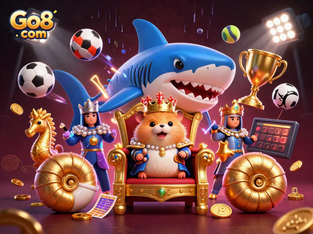 Bet big at Go8 com with a golden hamster king amid vibrant sports betting elements.