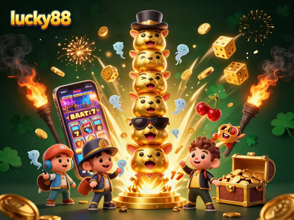 Win big with lucky88 as colorful symbols burst from a slot machine in an exciting casino scene.