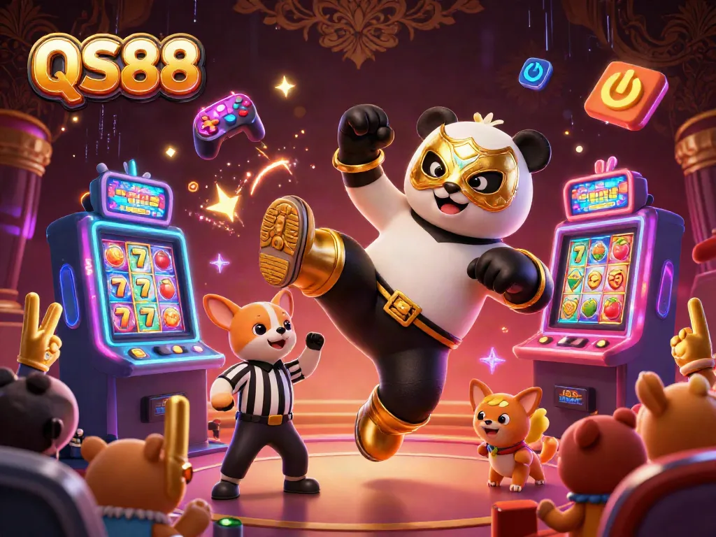 Experience the excitement of QS88 with a lively 3D casino scene featuring slots and animated characters.