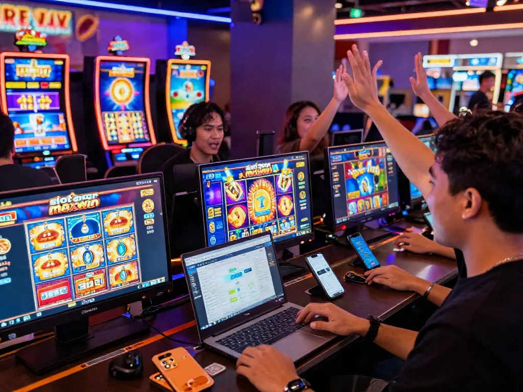 Exciting scene of players enjoying slot gacor maxwin games in a vibrant online casino.