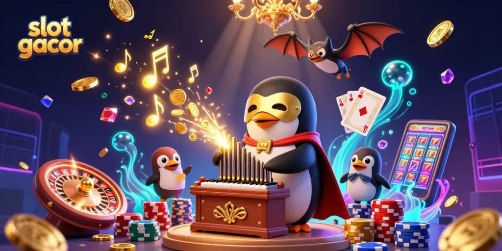 Slot gacor menyajikan ilustrasi kasino dengan penguin orkestra dan akrobatik unik, menambah keseruan permainan.