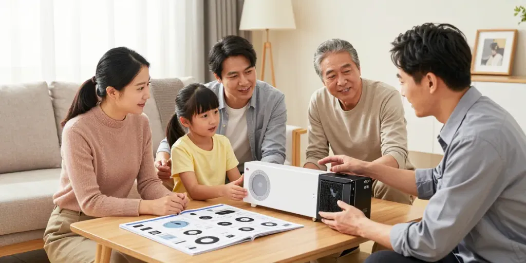 Furnace Install Calgary consultation scene with family and HVAC technician discussing options.