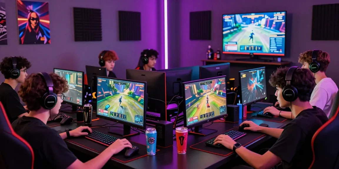 Exciting gaming scene showing young adults engaged in mantra88 login, with colorful screens and gaming gear in a vibrant lounge.