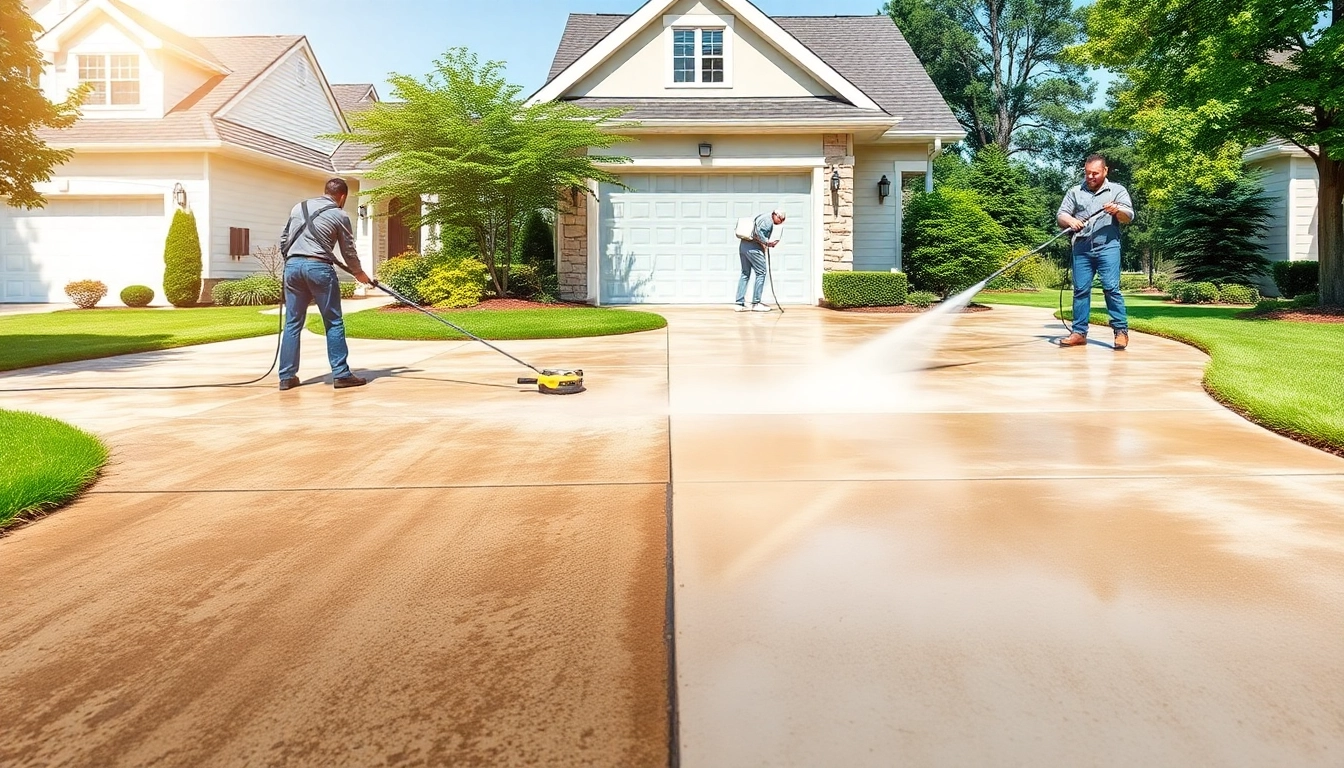 Driveway cleaning professionals revitalizing a stained concrete driveway in a bright suburban setting.
