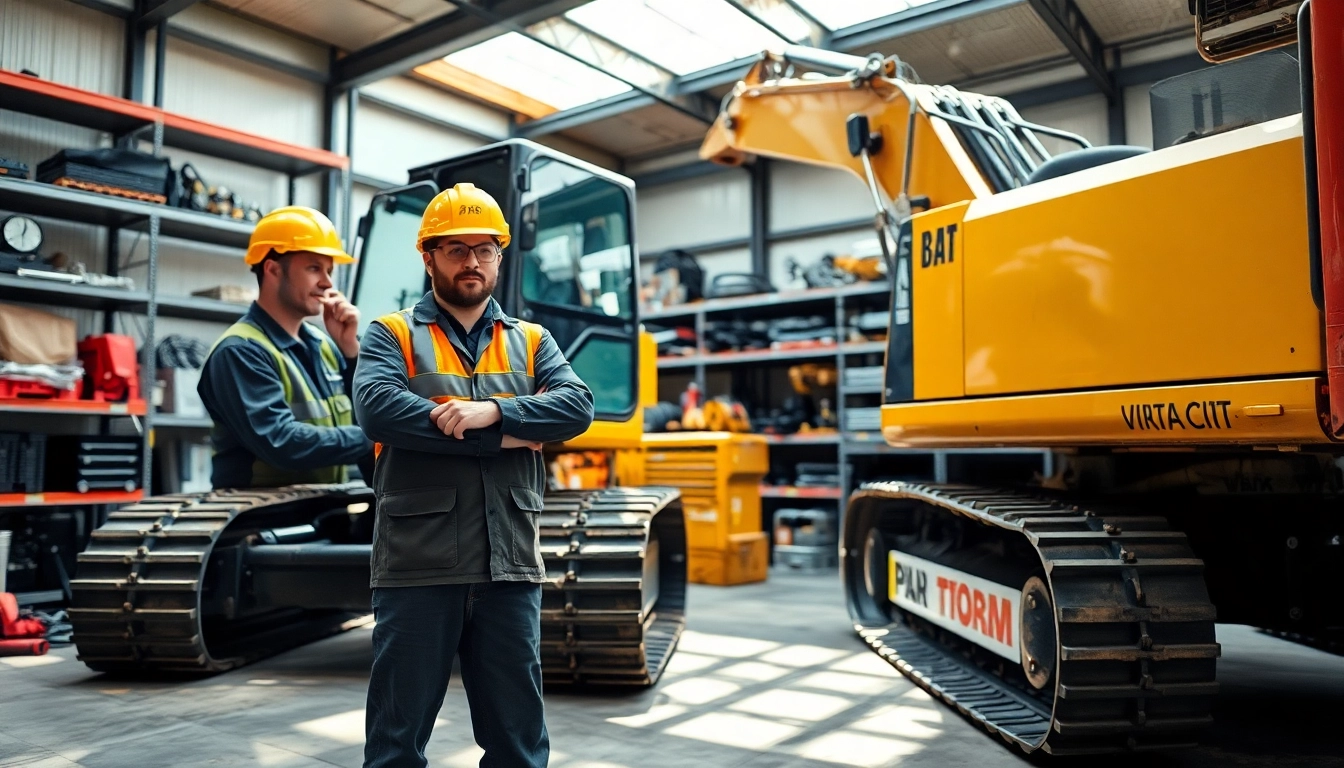 Performing equipment service on heavy machinery with a technician in a professional workshop.
