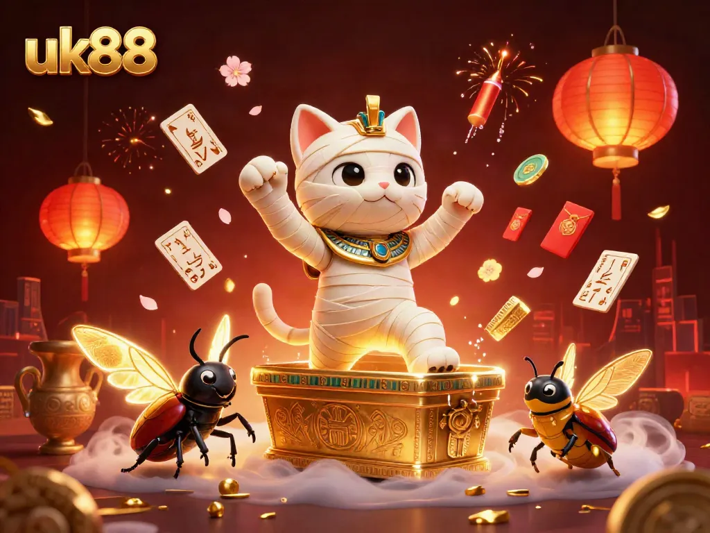 Experience the thrill of the uk88 online casino with vibrant 3D characters celebrating in a pyramid-themed setting.