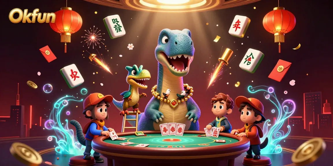 Engage with Okfun's exciting casino world featuring a towering brontosaurus and a clever raptor, set amid vibrant gaming elements.