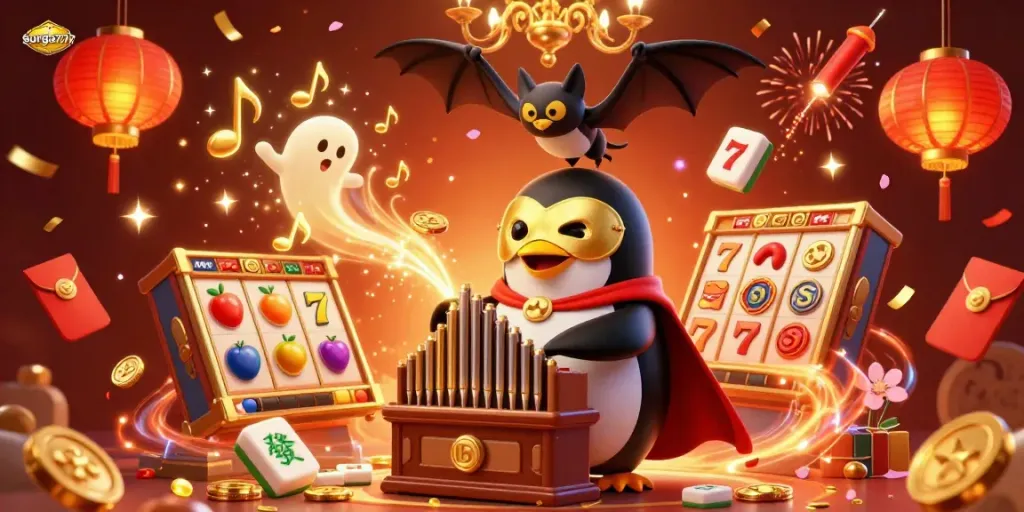Experience thrilling wins with surga777 as the penguin plays slots amidst dazzling animations.