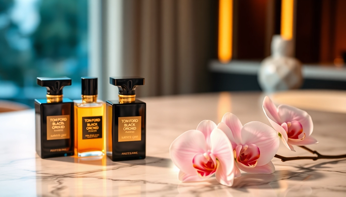 Discover exquisite Tom Ford Black Orchid samples arranged elegantly on a marble table.