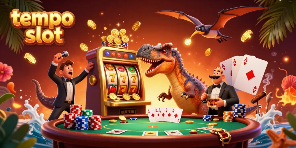Mesin slot bertema tempo slot dengan dinosaur menghancurkan untuk kemenangan jackpot, memadukan permainan dan kartu poker.