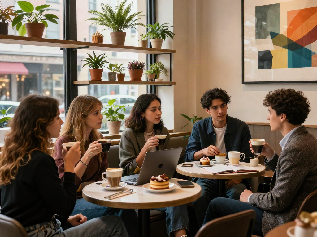 luxury111 suasana santai di kafe modern dengan orang-orang menikmati kopi dan obrolan