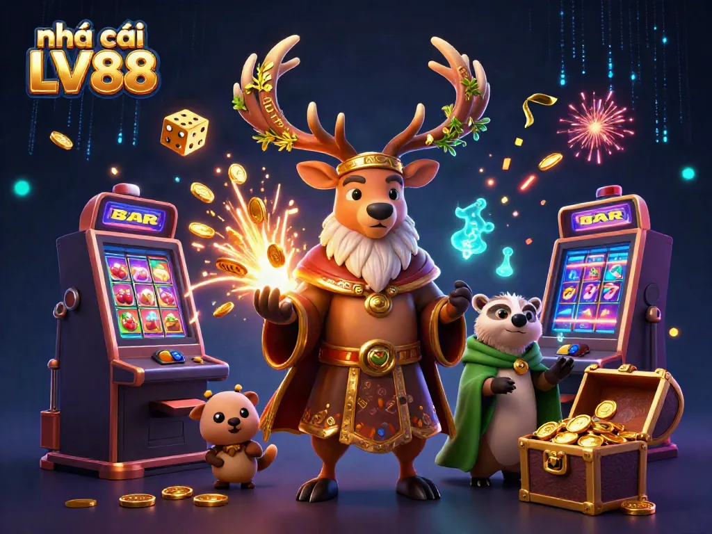 Engage with the vibrant atmosphere of nhà cái LV88 showcasing a Celtic druid stag, wise badger, and jackpot-filled slot machine.