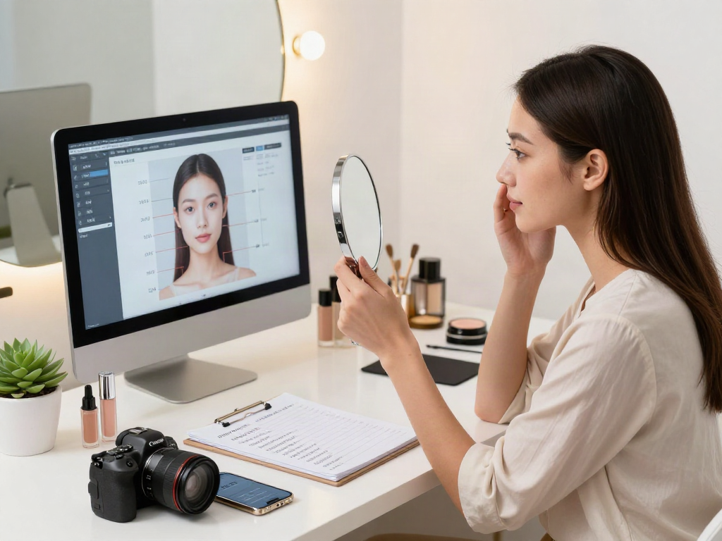 ClinicEvo cheaper than QOVES illustrated by a woman analyzing her facial features with digital reports in a modern beauty studio.
