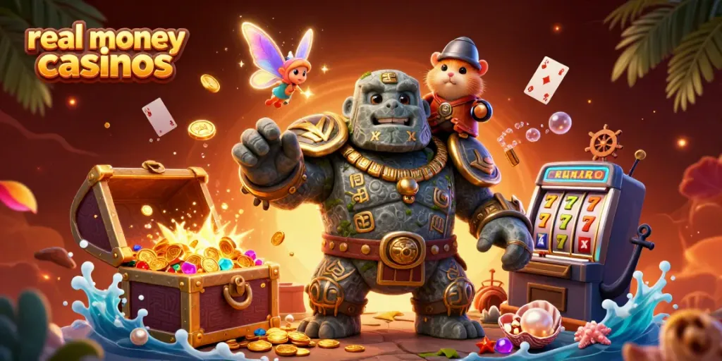 Experience the thrill of real money casinos with a vibrant, dynamic 3D scene featuring a stone golem and a hamster knight.
