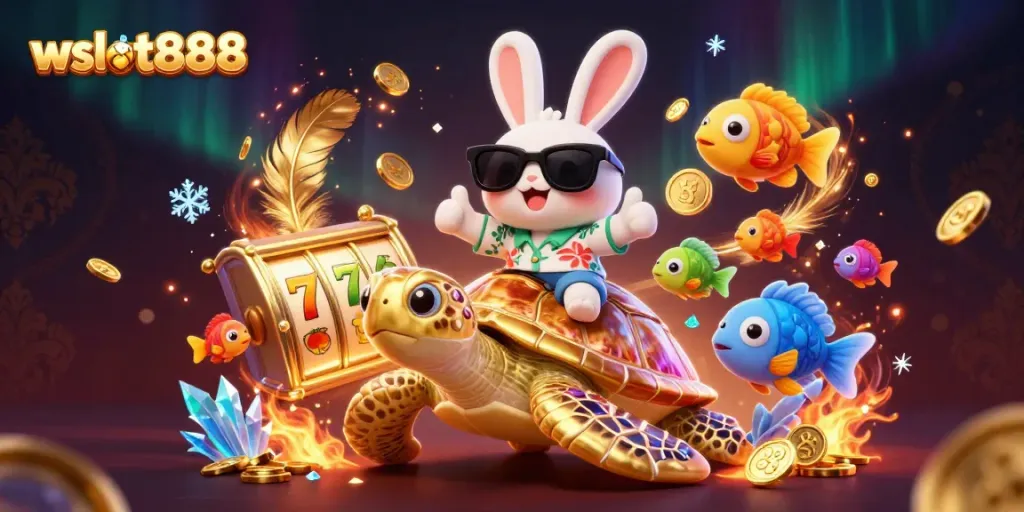 Menangkan jackpot di wslot888 dengan kelinci beruntung dan kura-kura emas dalam suasana slot yang meriah.