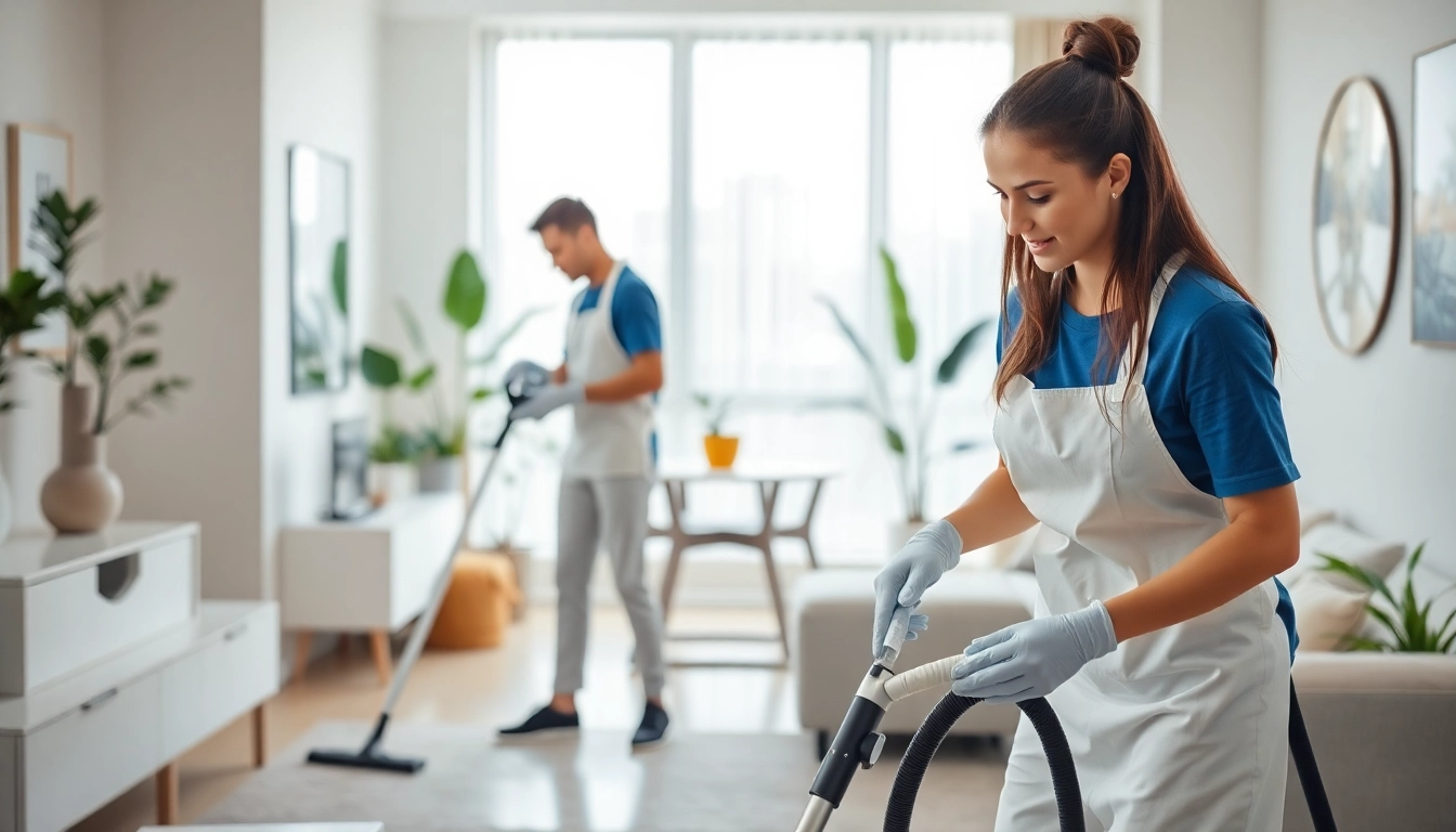 Cleaners performing detailed bond cleaning brisbane in an organized, well-lit apartment.