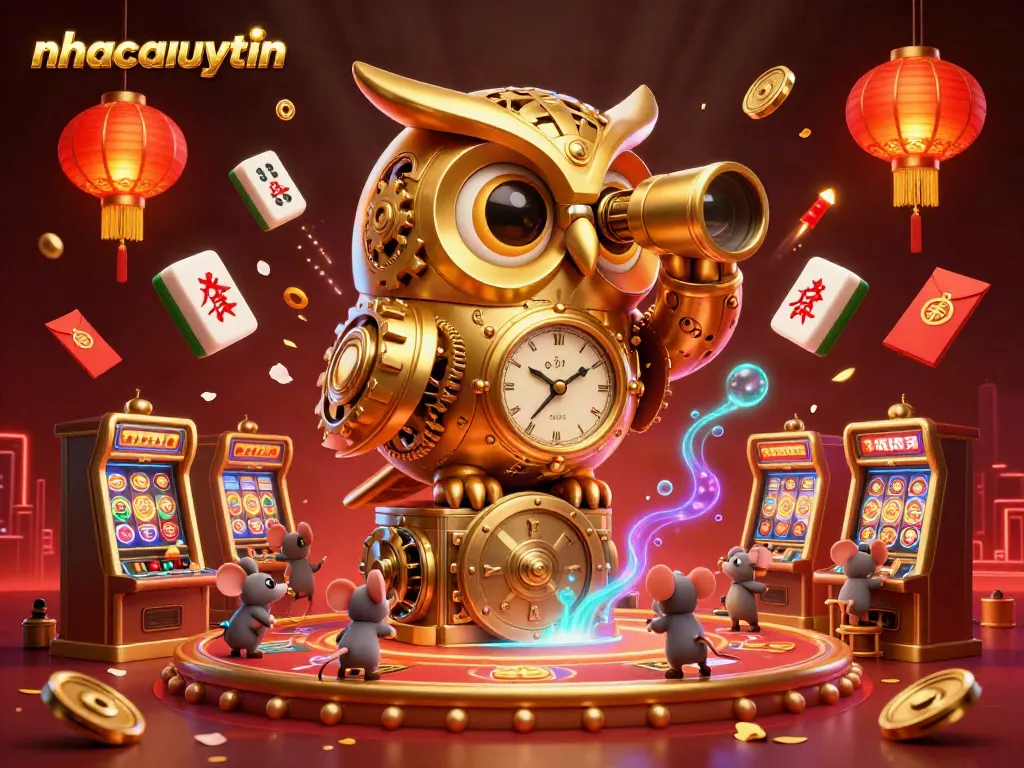 Engage with nhacaiuytin's vibrant casino world showcasing a golden owl and bustling mouse patrons.