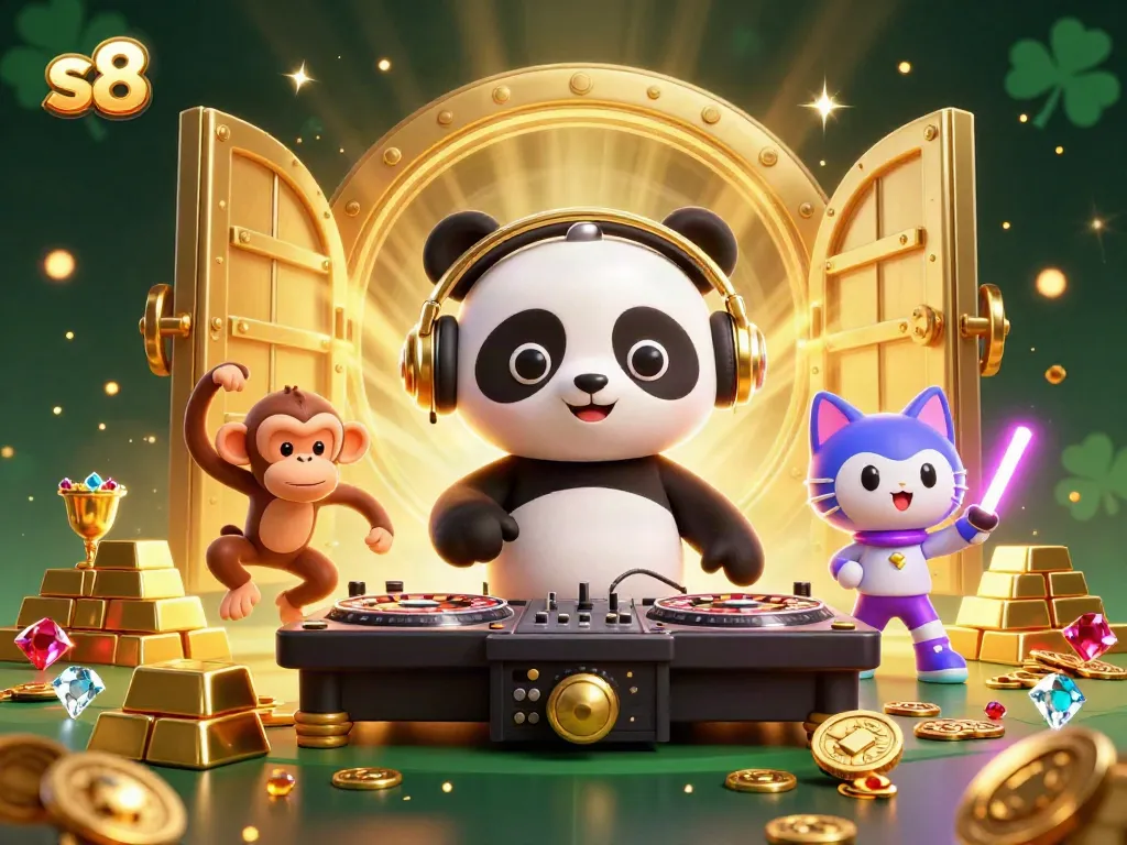 Experience the excitement of S8 casino with DJ panda and friends at an extravagant gaming party.