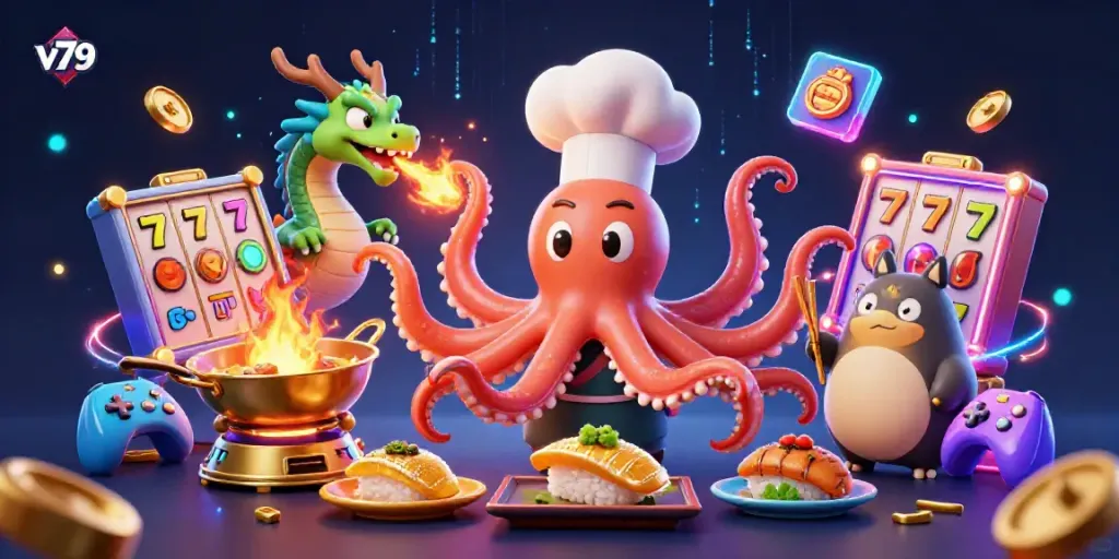 Engage in thrilling gameplay with vibrant v79 slot machines, chef octopus, dragon, and tanuki.