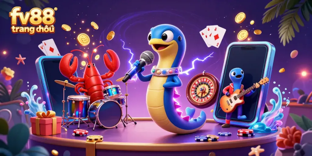 Experience the vibrant underwater casino scene with FV88 trang chủ, featuring a DJ eel and dynamic game elements.