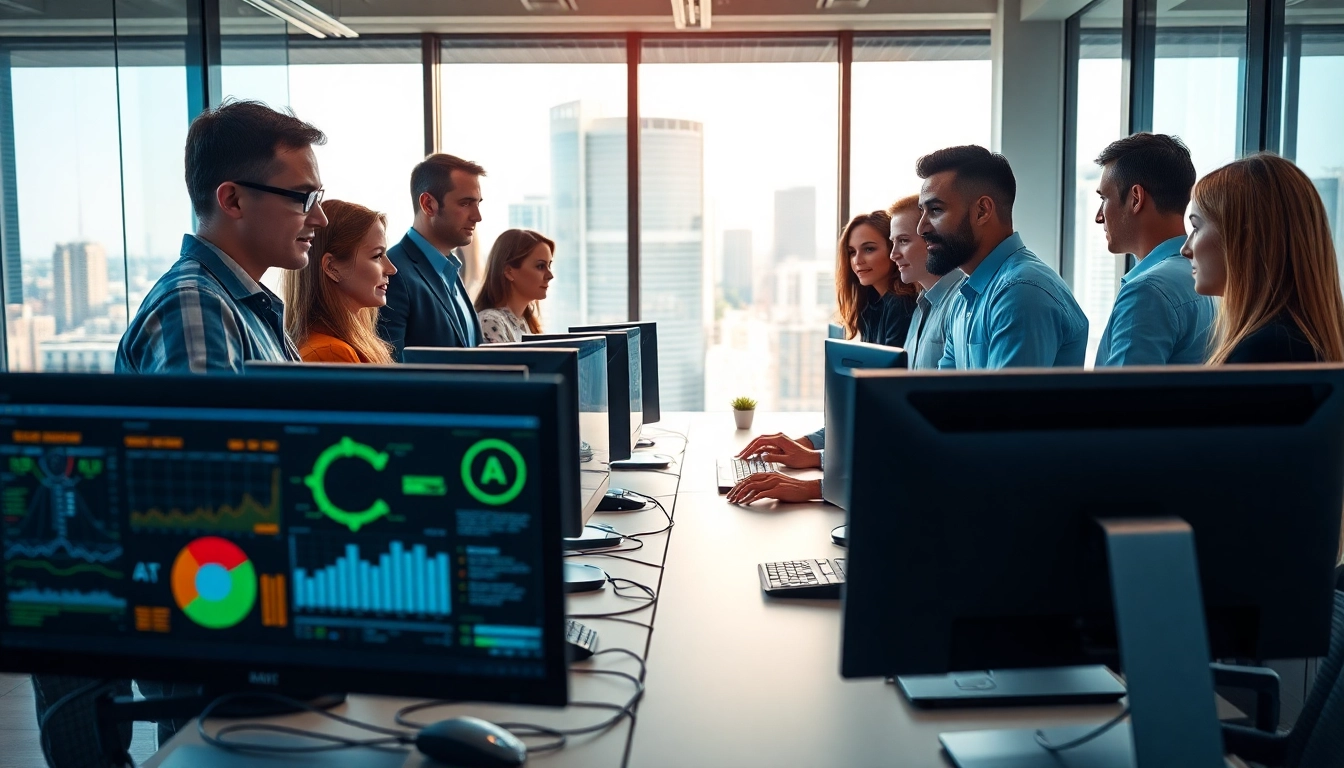 AI agents collaborating in an innovative office environment, showcasing advanced technology.