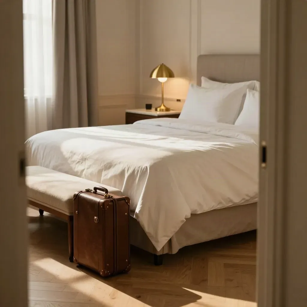Warm king hotel room with ivory linen, brass lamp, bench and suitcase by the bed.