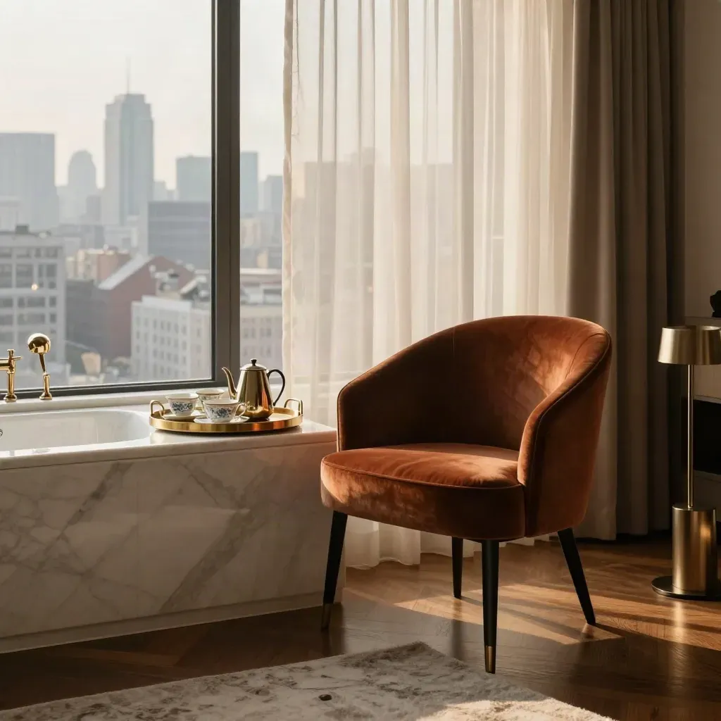 Luxury suite corner with marble bath, velvet chair, coffee tray, and sheer curtains over the city.
