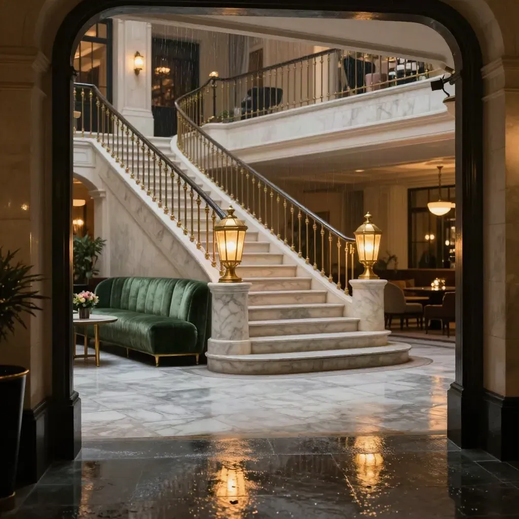 Blue-hour hotel lobby with marble stairs, brass lanterns, emerald seating and rain reflections.