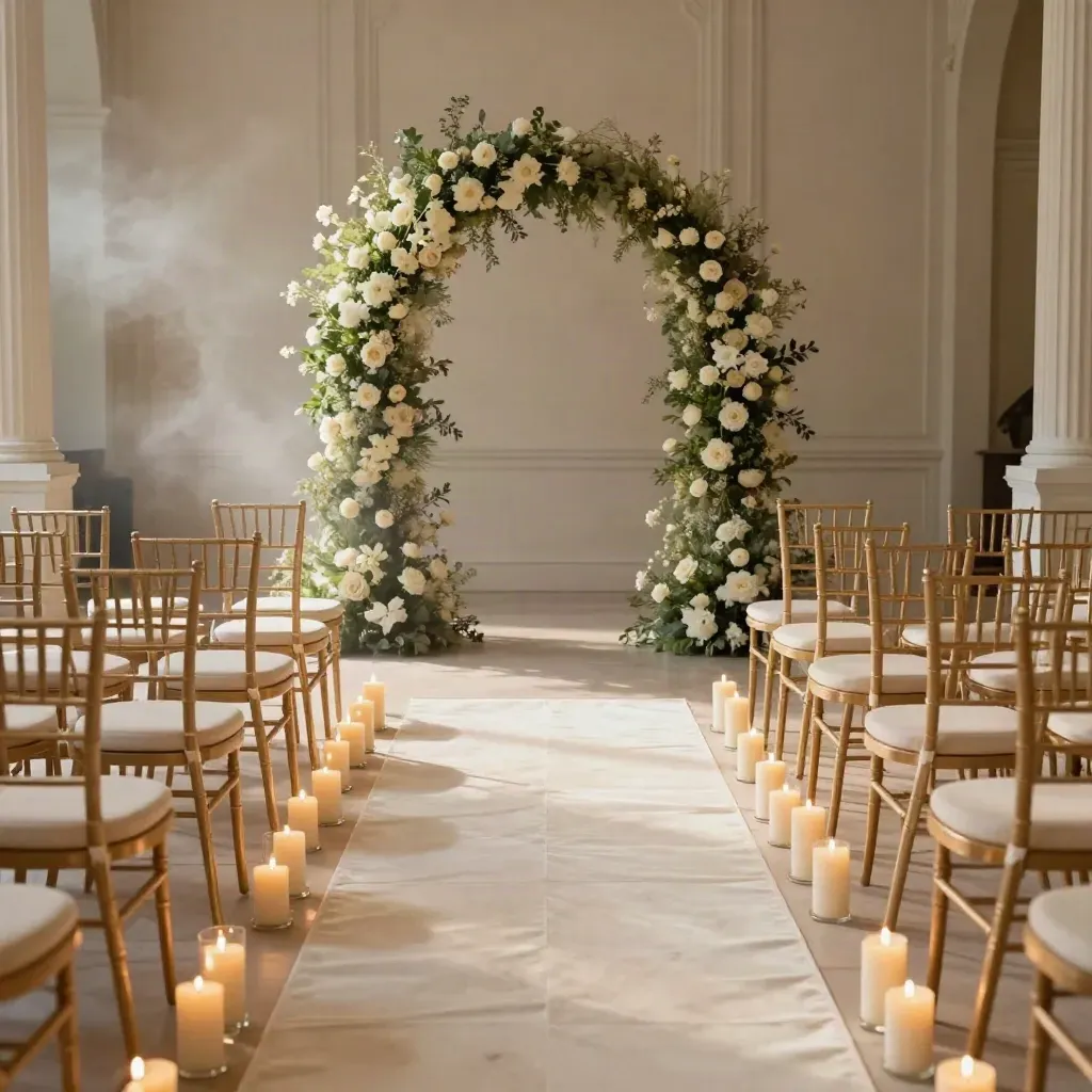 Empty wedding aisle in a luxury ballroom with chairs, floral arch, candles and satin runner.