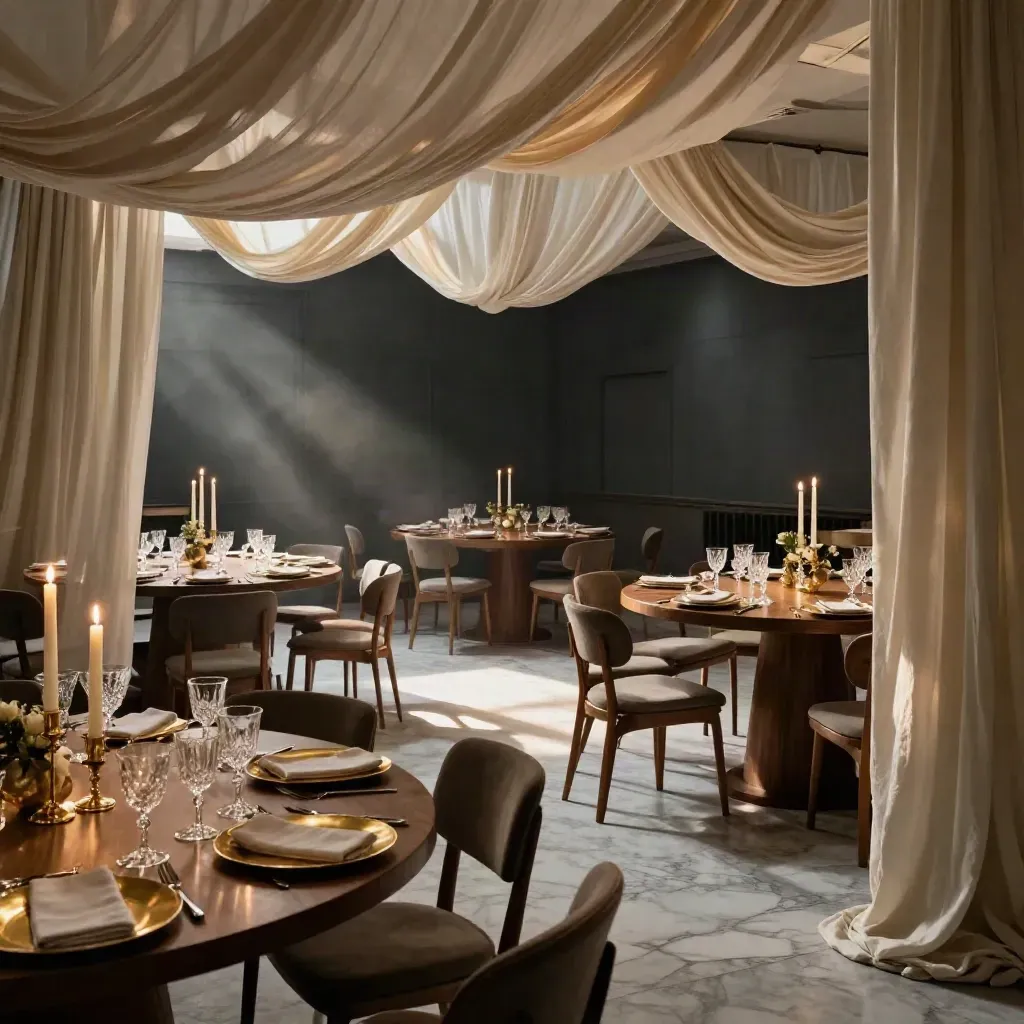 Grand ballroom set for a gala with round tables, crystal glassware, brass chargers, and layered drapery.