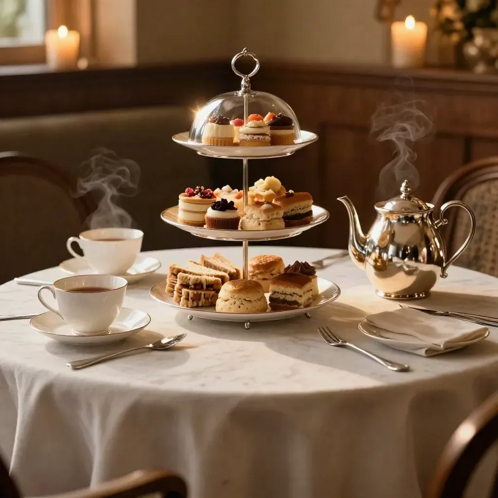 Afternoon tea service with silver cloche, tiered stand, and steam on a linen table.