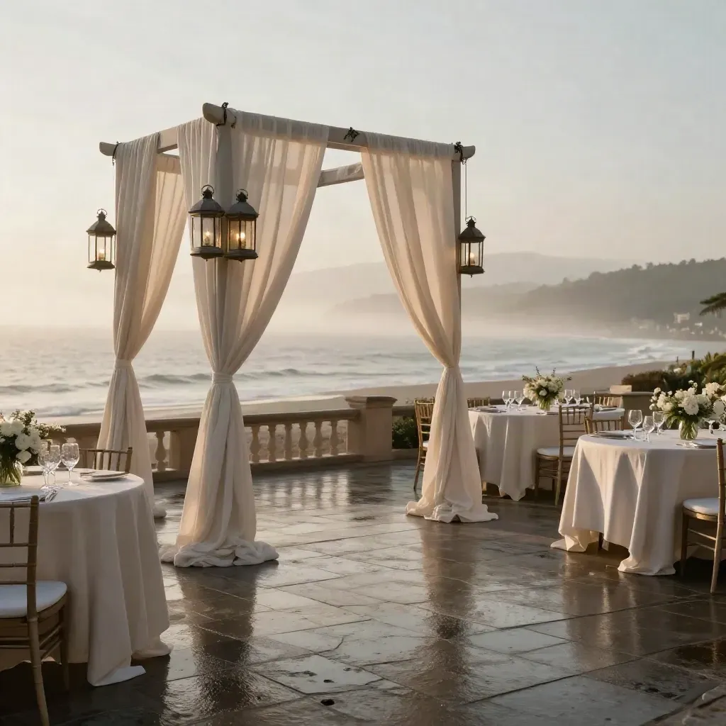 Empty seaside wedding terrace with arch, lanterns, sea-facing tables, and wet stone tiles at dawn.