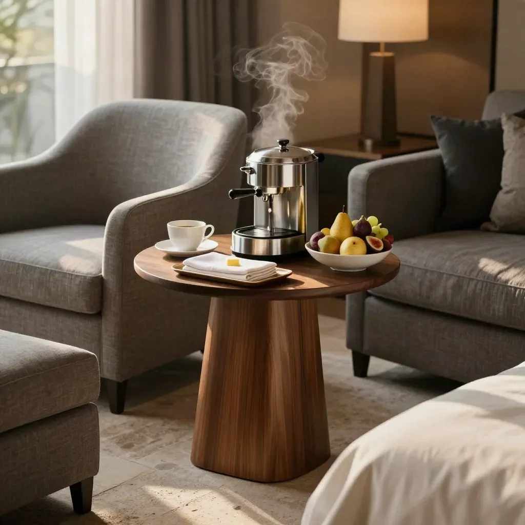 Empty executive suite breakfast setup with coffee, fruit, and twin armchairs in warm morning light.
