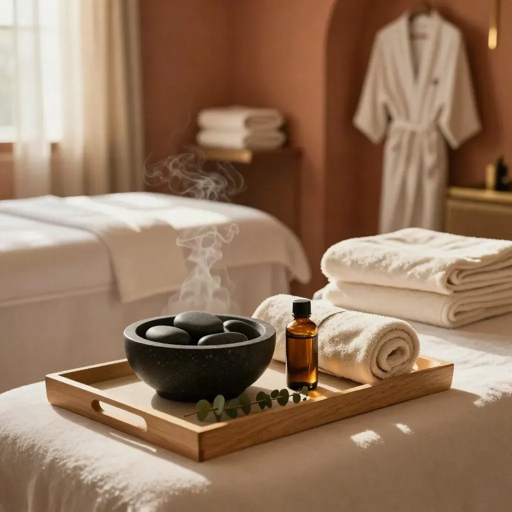 Spa treatment tray with hot stones, towels, oil and eucalyptus in a warm room.