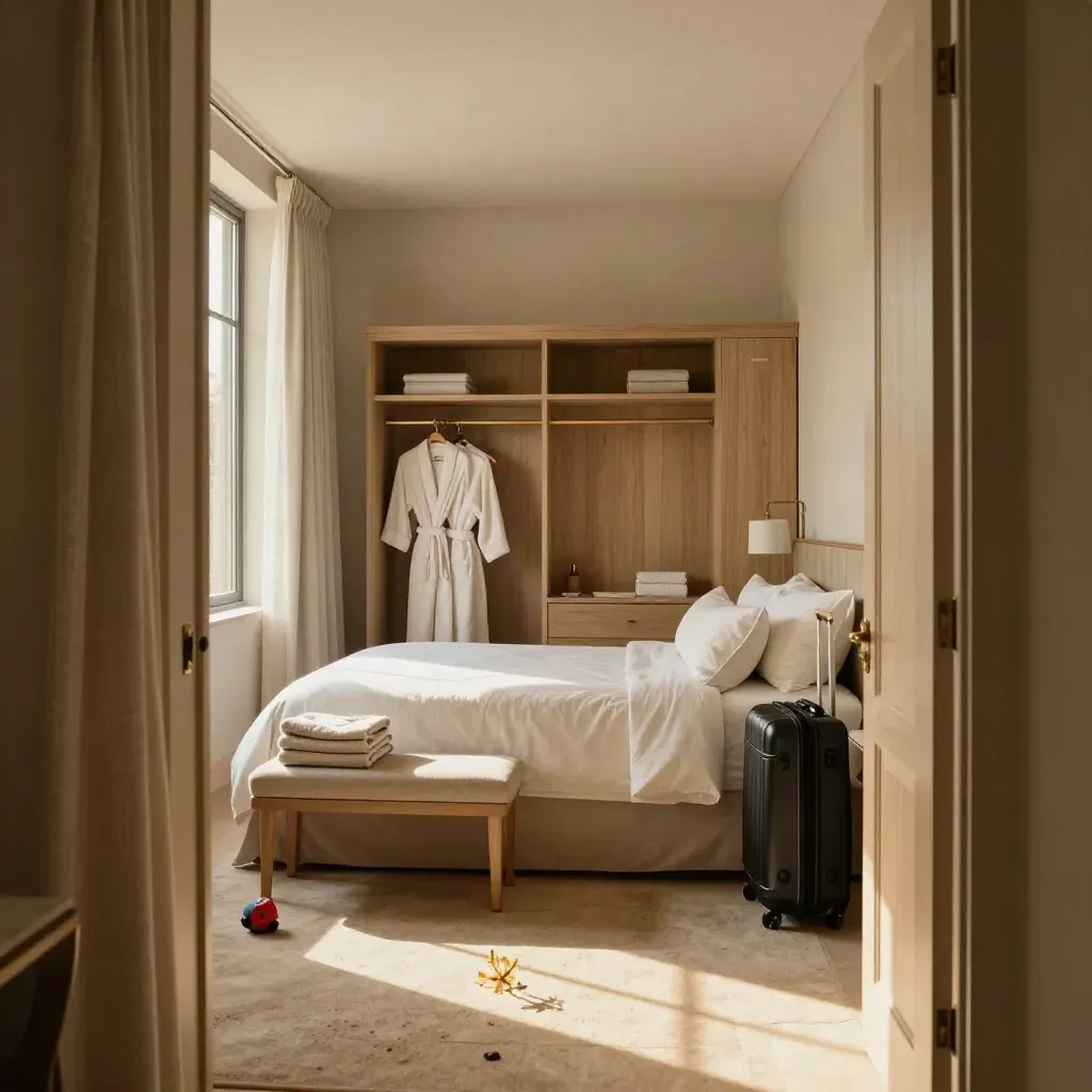 Connected family suite ready for arrival with suitcase, robes, toy case and open doorway.
