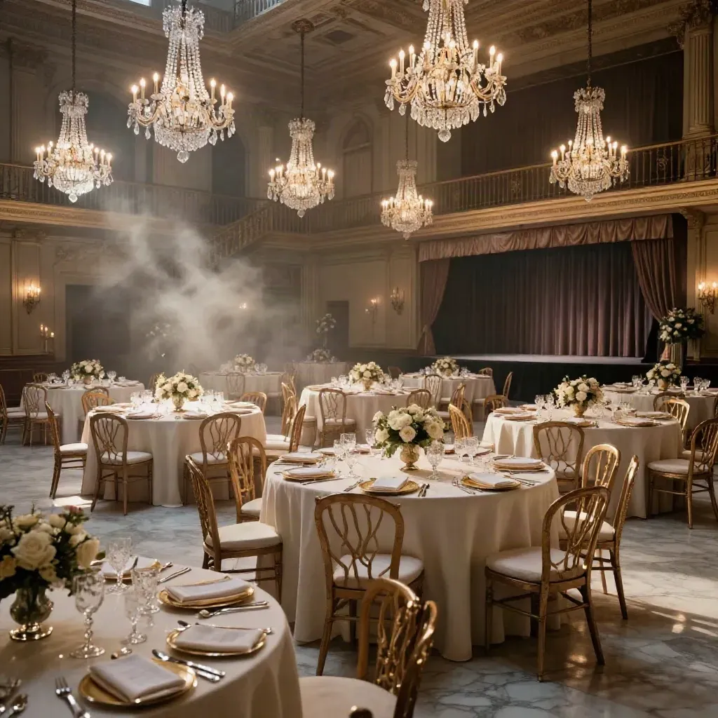 Empty gala banquet hall set with chandeliers, candlelit tables and a curtained stage