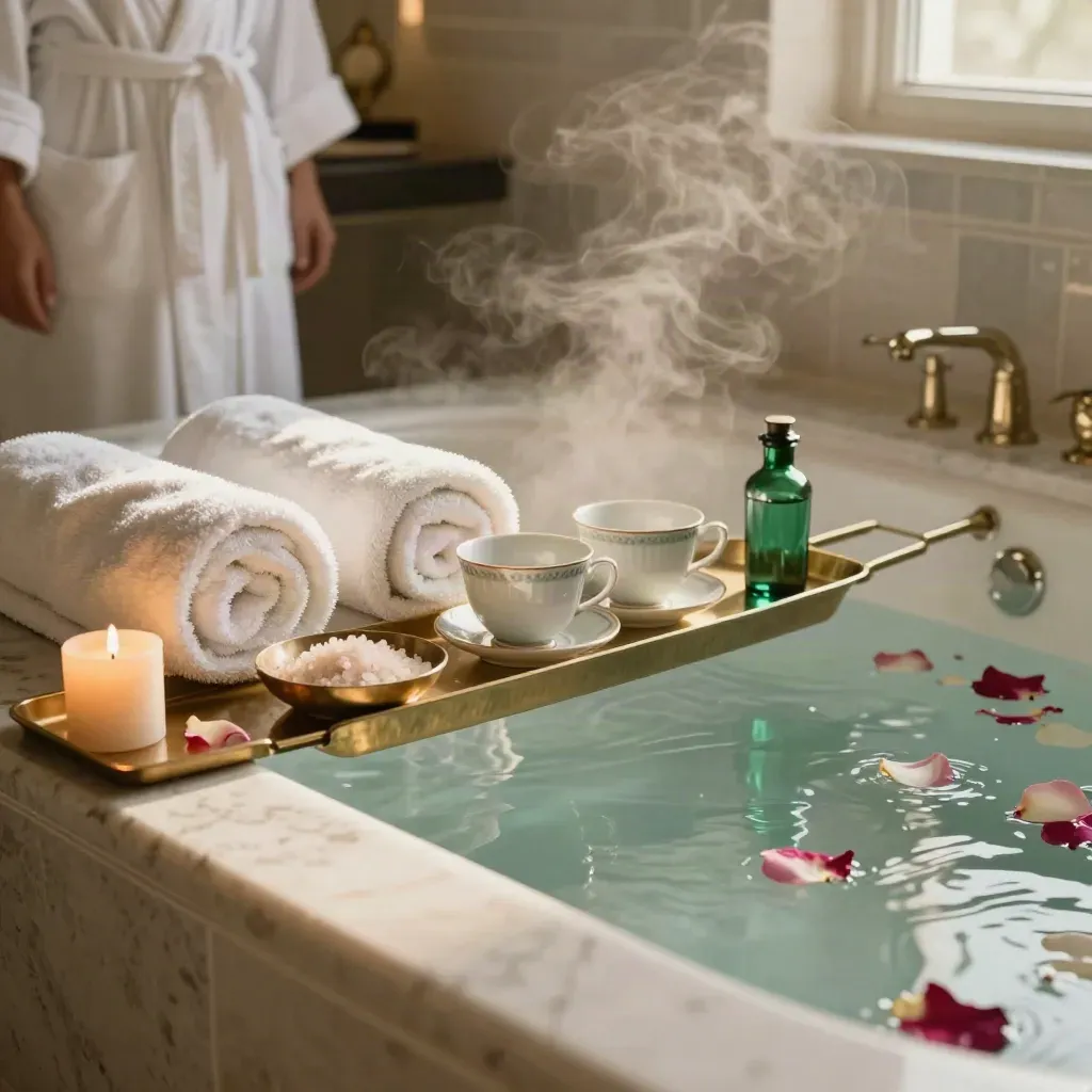 Steam-filled spa tub with robes, tea cups, salts, candles, and petals in a luxury suite.