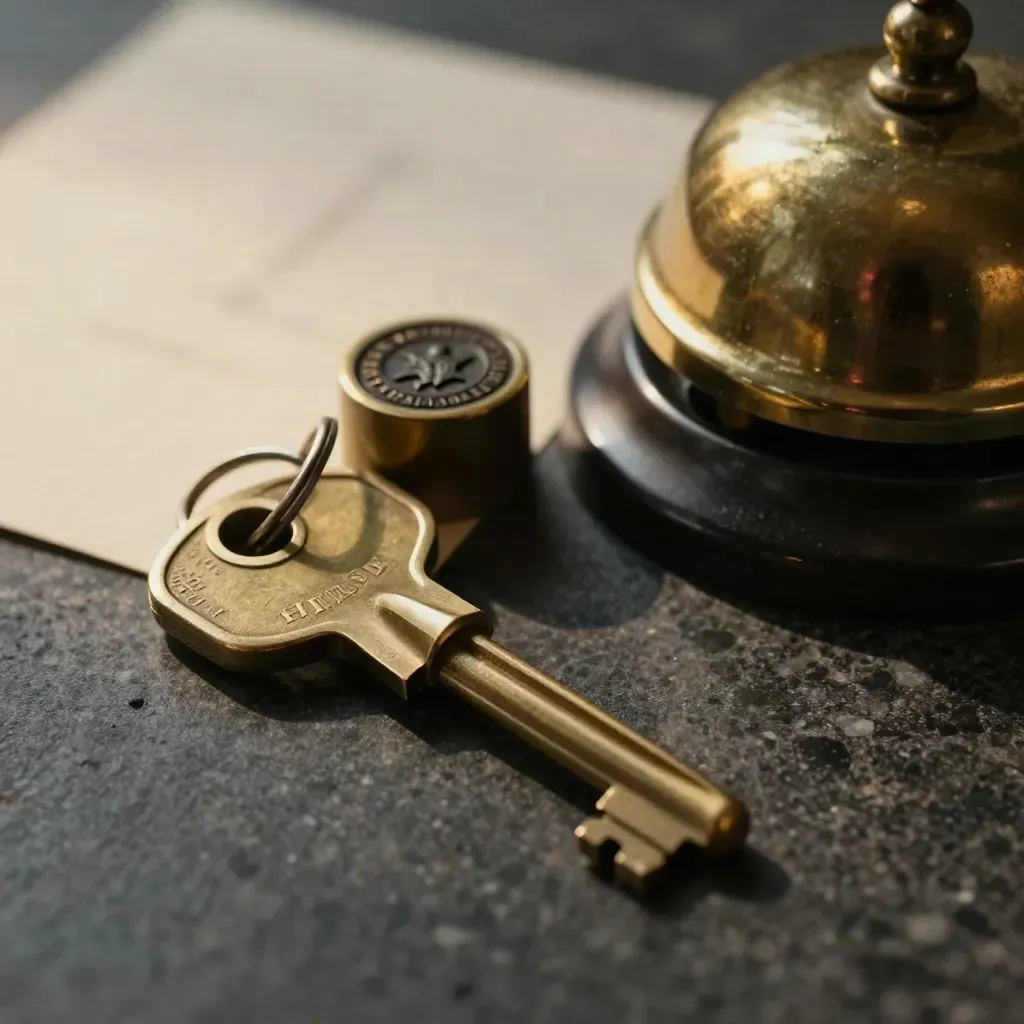 Brass hotel key ring, crest stamp, and lobby bell on dark stone