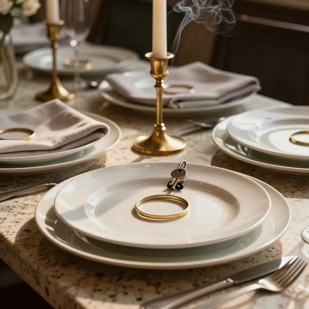 Stacked charger plates, linen napkins, brass candle holders and empty table rings on travertine.