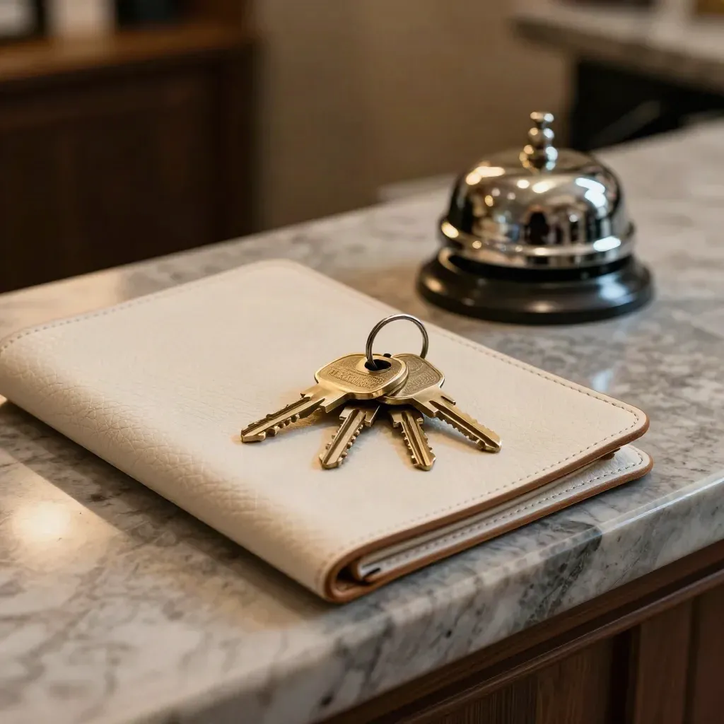 Ivory folio, brass key fobs, polished bell cap on marble reception counter in warm light.
