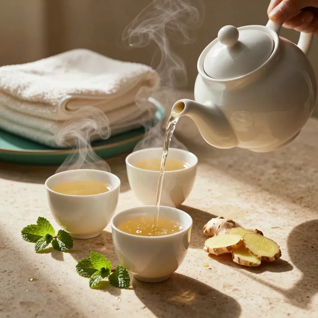 Spa tea being poured into ceramic cups beside ginger, mint, and folded towels.