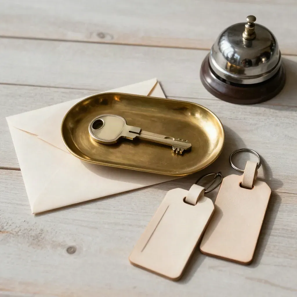 Brass key tray with key fob, envelope, desk bell and luggage tags on pale wood.