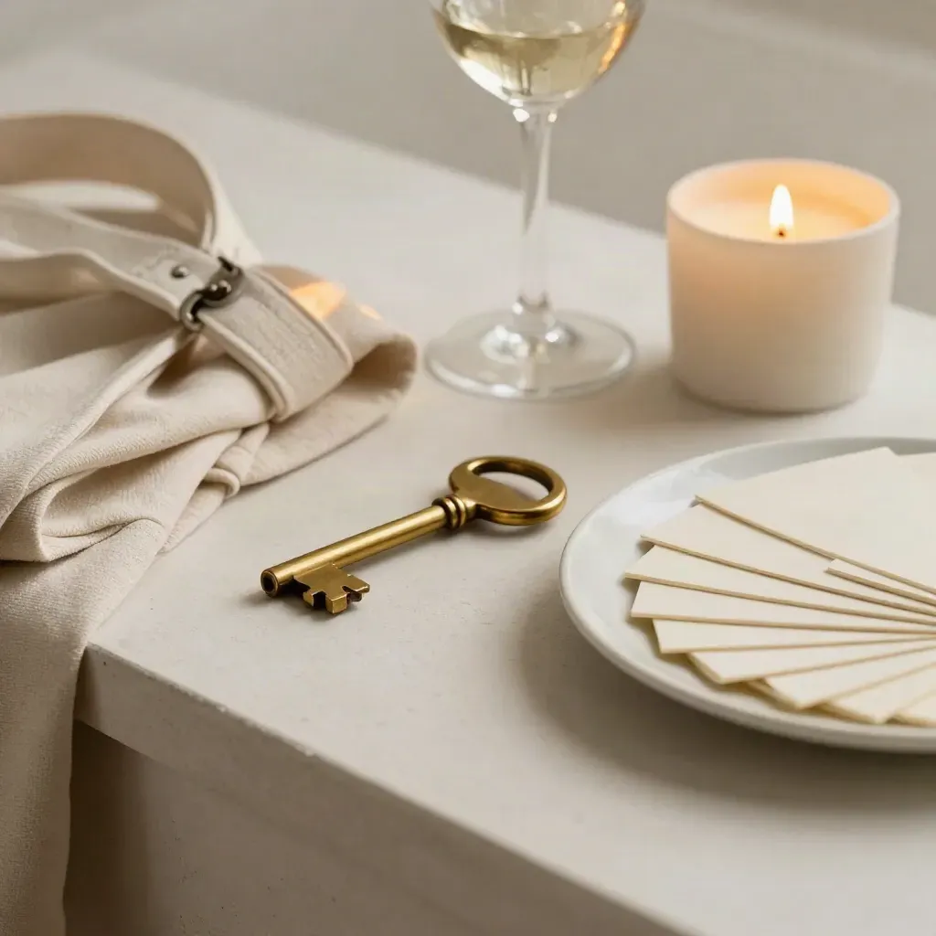 Brass key, robe belt, wine stem, candle, and charger plate on a cream plaster sweep.