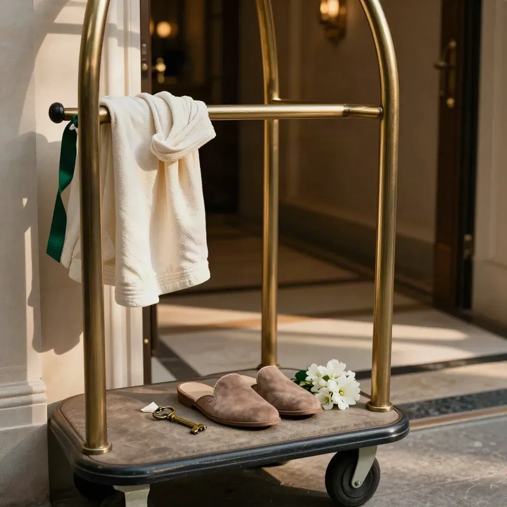 Brass key, robe, slippers, and white blooms beside a hotel doorway on a stone tray.