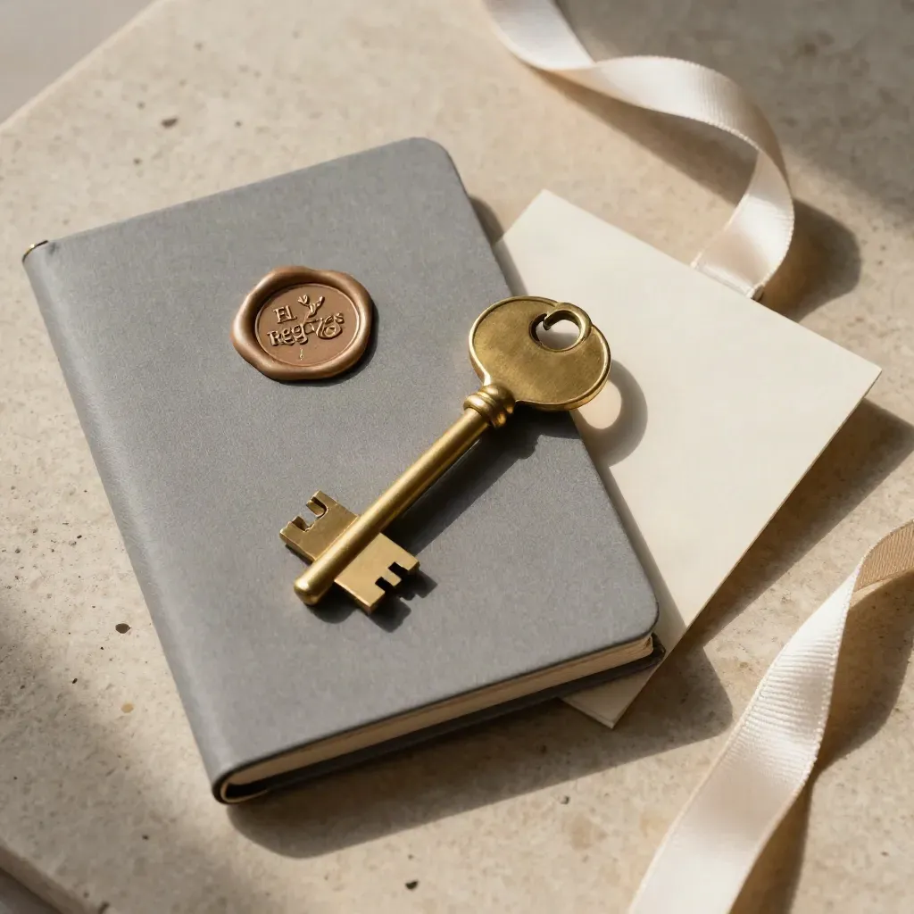 Overhead flatlay of a sealed folio, brass key, and ribboned card holder on warm stone.